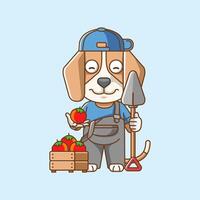 söt hund jordbrukare skörda frukt och grönsaker tecknad serie djur- karaktär maskot ikon platt stil illustration begrepp vektor