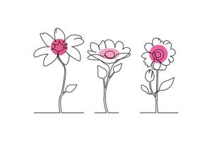 kontinuerlig en kö blommor uppsättning, blommig, botanisk, reste sig, och minimalistisk blommor teckning översikt konst vektor