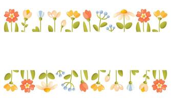 vektor illustration av en blommig horisontell ram, gräns av blommor på de botten och topp. sommar vår blommor och grön löv. mors dag, kärlek dag, bröllop, för kort och inbjudningar