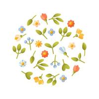 runda bakgrund av blommor och löv, blommig mönster design element. vår sommar blommor och grön löv i en cirkel. runda mall för kvinnor, tjejer, familj högtider, logotyper, etiketter, tryckbar. vektor