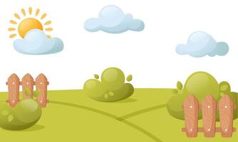 vektor illustration av en skön sommar landskap. grön fält, gräs, moln och moln, ljus Sol, buskar och staket. dag, morgon. landskap design för banderoller, affischer, barns böcker.