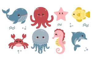 en uppsättning av söt hav djur. annorlunda fisk. vektor tecknad serie illustration.