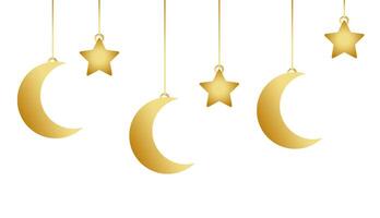 Symbole von Ramadan Mubarak, hängend golden Sterne und Monde. Vektor Illustration auf ein Weiß Hintergrund.