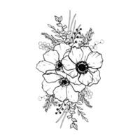 Vektor Anemonen Blume Strauß mit Feld Kräuter, Eukalyptus und Gras schwarz und Weiß Linie Vektor Illustration zum Blumen- Gruß Karten und Frühling Hochzeit Einladungen