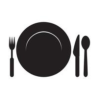 Platte, Gabel und Messer Symbol im eben Stil. Essen Symbol isoliert Teller Symbol. eben Vektor Illustration im schwarz auf Weiß Hintergrund. eps 10