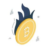 BTC med flamma skildrar bitcoin brinnande vektor