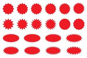 starburst röd klistermärke uppsättning - samling av särskild erbjudande försäljning runda och oval sunburst etiketter och knappar isolerat på vit bakgrund. klistermärken och märken med stjärna kanter för promo reklam. vektor