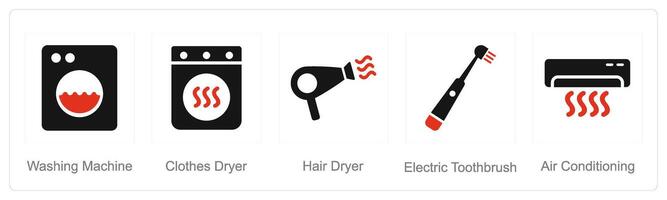 en uppsättning av 5 Hem apparat ikoner som tvättning maskin, kläder torktumlare, hår torktumlare vektor