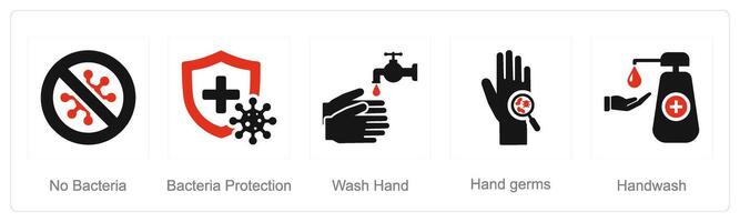 ein einstellen von 5 Hygiene Symbole wie Nein Bakterien, Bakterien Schutz, waschen Hand vektor
