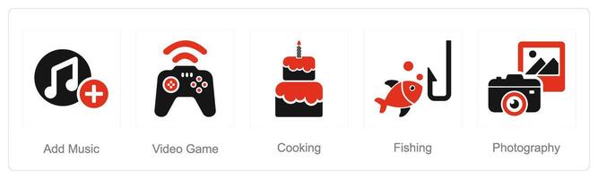 en uppsättning av 5 hobby ikoner som Lägg till musik, video spel, matlagning vektor