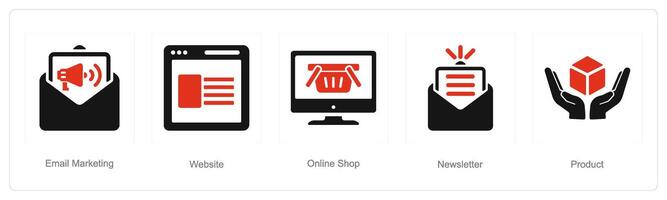 en uppsättning av 5 digital marknadsföring ikoner som e-post marknadsföring, hemsida, uppkopplad affär vektor