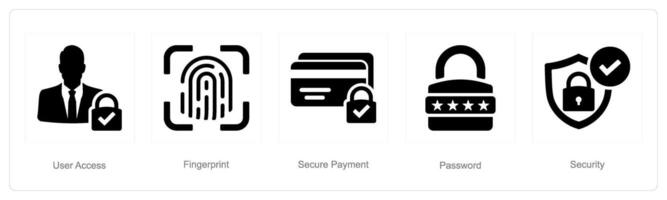 en uppsättning av 5 cyber säkerhet ikoner som användare tillgång, fingeravtryck, säkra betalning vektor