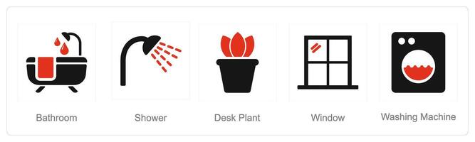 en uppsättning av 5 Hem interiör ikoner som badrum, dusch, skrivbord växt vektor