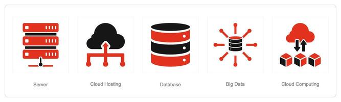 en uppsättning av 5 data analys ikoner som server, moln värd, databas vektor
