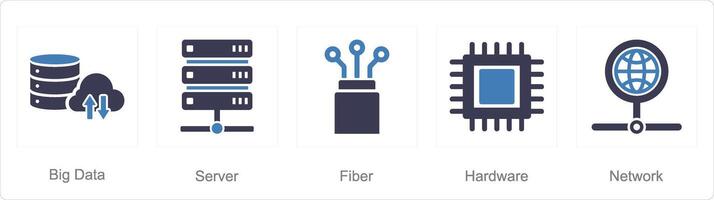 en uppsättning av 5 internet dator ikoner som stor data, server, fiber vektor