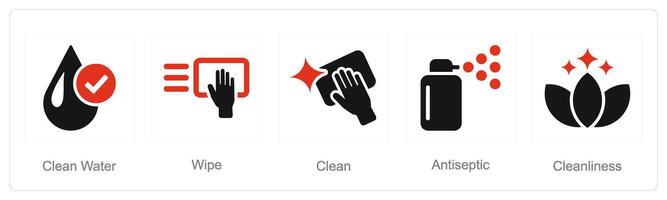 en uppsättning av 5 hygien ikoner som rena vatten, torka, rena vektor