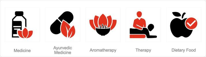 en uppsättning av 5 blanda ikoner som medicin, ayurvediska medicin, aromaterapi vektor