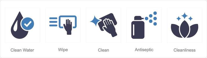 en uppsättning av 5 hygien ikoner som rena vatten, torka, rena vektor
