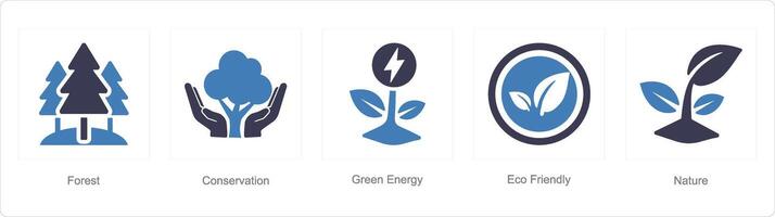 ein einstellen von 5 Ökologie Symbole wie Wald, Erhaltung, Grün Energie vektor