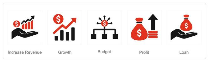 ein einstellen von 5 Finanzen Symbole wie erhöhen, ansteigen Einnahmen, Wachstum, Budget vektor