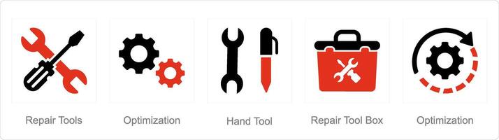 en uppsättning av 5 blanda ikoner som reparera verktyg, optimering, hand verktyg vektor