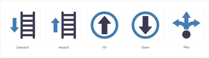en uppsättning av 5 riktning ikoner som sjunka, stiga, upp vektor