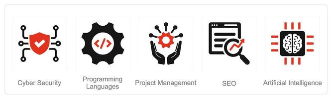 en uppsättning av 5 hård Kompetens ikoner som cyber säkerhet, programmering språk, projekt förvaltning vektor