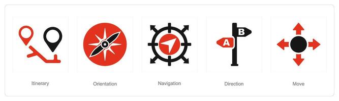 en uppsättning av 5 riktning ikoner som resväg, orientering, navigering vektor