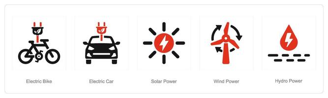 en uppsättning av 5 ekologi ikoner som elektrisk cykel, elektrisk bil, sol- kraft vektor