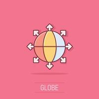 Erde Planet Symbol im Comic Stil. Globus geografisch Karikatur Vektor Illustration auf isoliert Hintergrund. global Kommunikation Spritzen bewirken Geschäft Konzept.