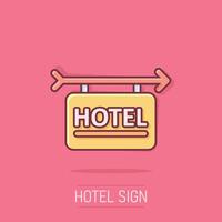 hotell tecken ikon i komisk stil. värdshus tecknad serie vektor illustration på isolerat bakgrund. vandrarhem rum information stänk effekt företag begrepp.