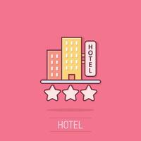 hotell 3 stjärnor tecken ikon i komisk stil. värdshus byggnad tecknad serie vektor illustration på isolerat bakgrund. vandrarhem rum stänk effekt företag begrepp.
