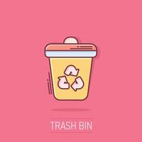 Müll Behälter Symbol im Comic Stil. recyceln Karikatur Vektor Illustration auf isoliert Hintergrund. Müll Korb Spritzen bewirken Zeichen Geschäft Konzept.