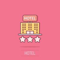 Hotel 3 Sterne Zeichen Symbol im Comic Stil. Gasthaus Gebäude Karikatur Vektor Illustration auf isoliert Hintergrund. Herberge Zimmer Spritzen bewirken Geschäft Konzept.