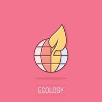 planet och blad ikon i komisk stil. värld och eco tecknad serie vektor illustration på isolerat bakgrund. klot och organisk stänk effekt företag begrepp.