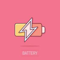 Batterie Symbol im Comic Stil. Akkumulator Karikatur Vektor Illustration auf isoliert Hintergrund. Energie Ladegerät Spritzen bewirken Geschäft Konzept.