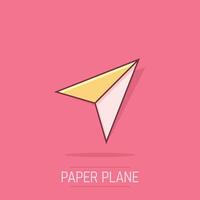 papper plan ikon i komisk stil. skickade meddelande tecknad serie vektor illustration på isolerat bakgrund. luft SMS stänk effekt företag begrepp.