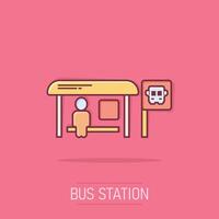 buss station ikon i komisk stil. bil sluta tecknad serie vektor illustration på isolerat bakgrund. autobus fordon stänk effekt företag begrepp.