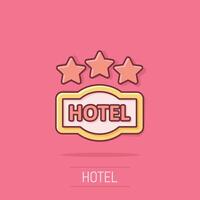 hotell 3 stjärnor tecken ikon i komisk stil. värdshus tecknad serie vektor illustration på isolerat bakgrund. vandrarhem rum information stänk effekt företag begrepp.