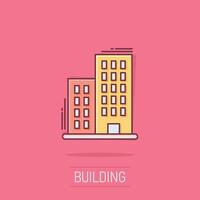 byggnad ikon i komisk stil. stad skyskrapa lägenhet tecknad serie vektor illustration på isolerat bakgrund. stad torn stänk effekt företag begrepp.