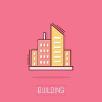 byggnad ikon i komisk stil. stad skyskrapa lägenhet tecknad serie vektor illustration på isolerat bakgrund. stad torn stänk effekt företag begrepp.