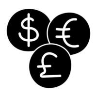 dollar, euro och pund mynt, ikon av valutor vektor