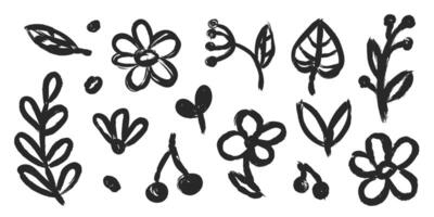 Blumen- Gekritzel Hand gezeichnet mit Grunge Bürste Textur. Vektor einfach Blume, Blatt Bürste Schlaganfall.