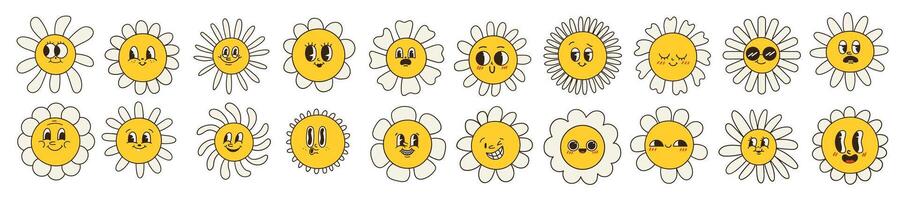 samling av magnifik kamomill blommor. retro daisy ler i tecknad serie stil. uppsättning av Lycklig 70s klistermärken. vektor grafisk illustration i hippa stil.