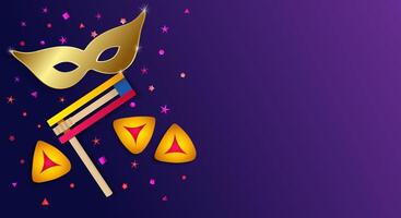 purim violett Hintergrund mit golden Karneval Maske und traditionell Plätzchen. Postkarte leer. vektor