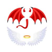 halo och svart jäkel vingar med röd demon horn. ängel och jäkel. Bra och dålig. vektor illustration