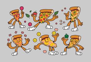 grupp av smakrika pizza tecknad serie karaktär vektor