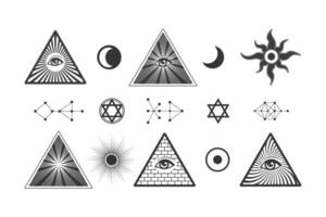 Illuminaten Okkulte Symbole Satz, Freimaurer allsehend Auge Pyramide, Vektor Elemente isolieren auf Weiß