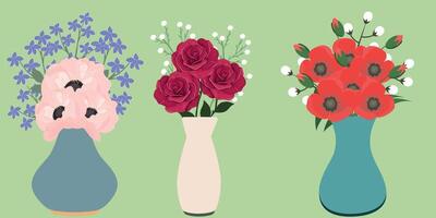 Blume im Vase Satz. Blume Blüten im Vase, Bündel von Pflanzen und Blühen Blätter, Garten Dekor mit botanisch Elemente. schön Frühling Sommer- Dekor. vektor