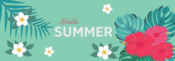 schön Hallo Sommer- Karte oder horizontal Poster zum Sommer- Ferien mit Wildblumen, Gänseblümchen, und Blatt Muster. Hand gezeichnet Blumen- Kunst Vorlage zum Banner, Plakate Dekor und Schöne Grüße vektor